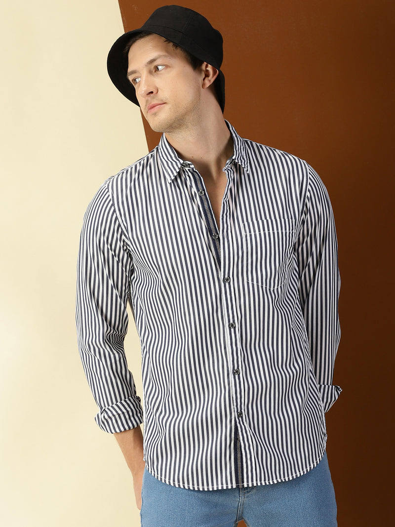 Thomas Scott Men Dark Navy Classic Slim Fit Long Sleeves Spread Collar Vertical Stripes Cotton Casual Shirt