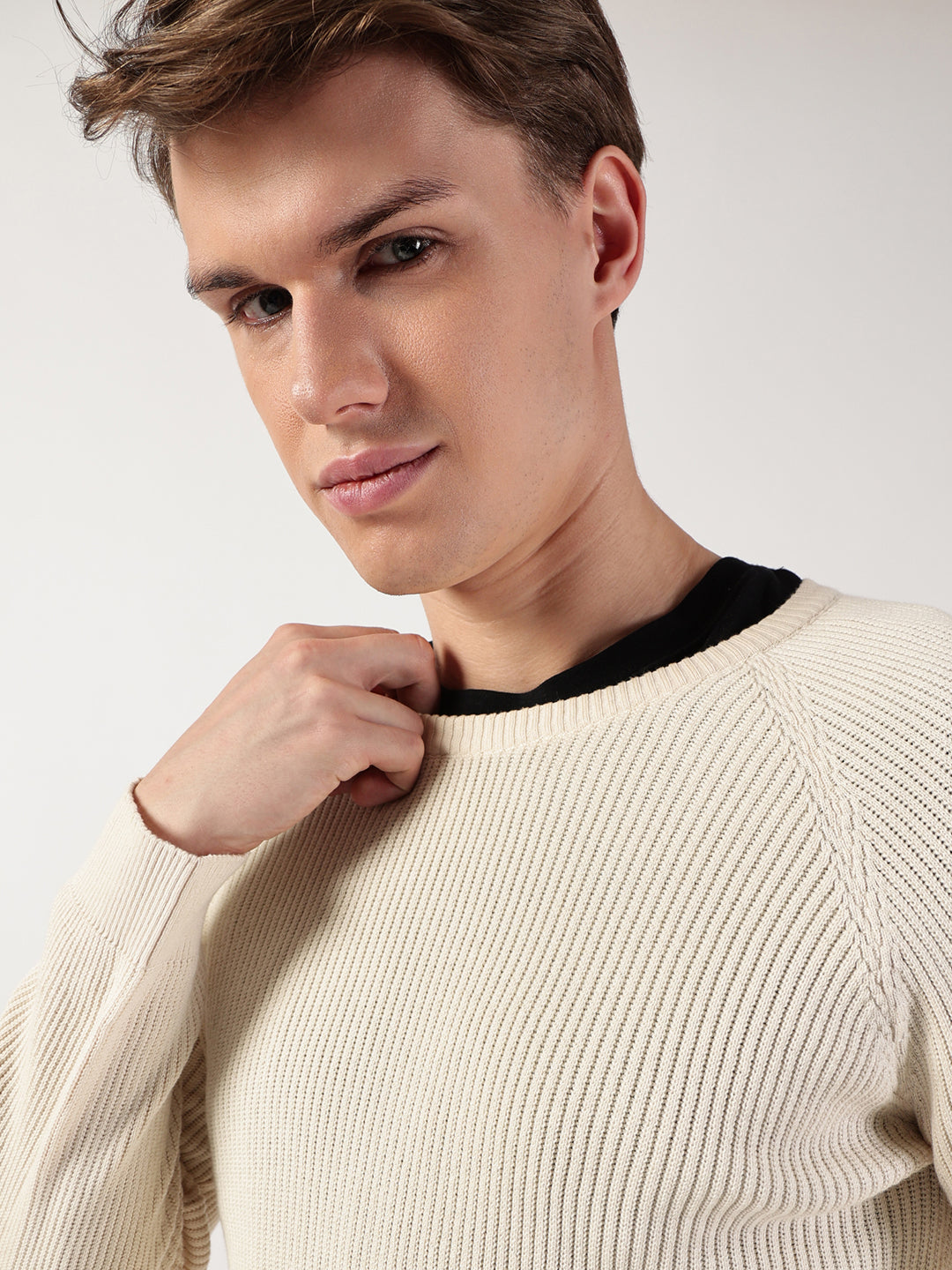 Thomas Scott Men Ribbed Self Design Round Neck Cotton Pullover Ribbed Sweater