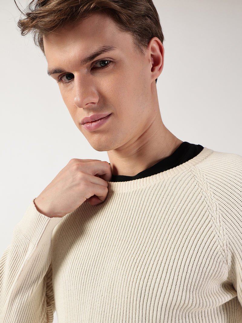Thomas Scott Men Ribbed Self Design Round Neck Cotton Pullover Ribbed Sweater
