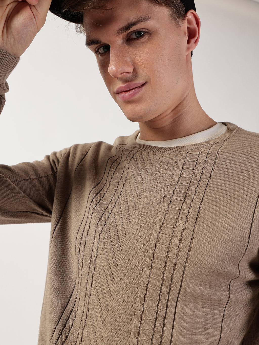 Thomas Scott Men Cable Knit Round Neck Cotton Pullover Ribbed Sweater