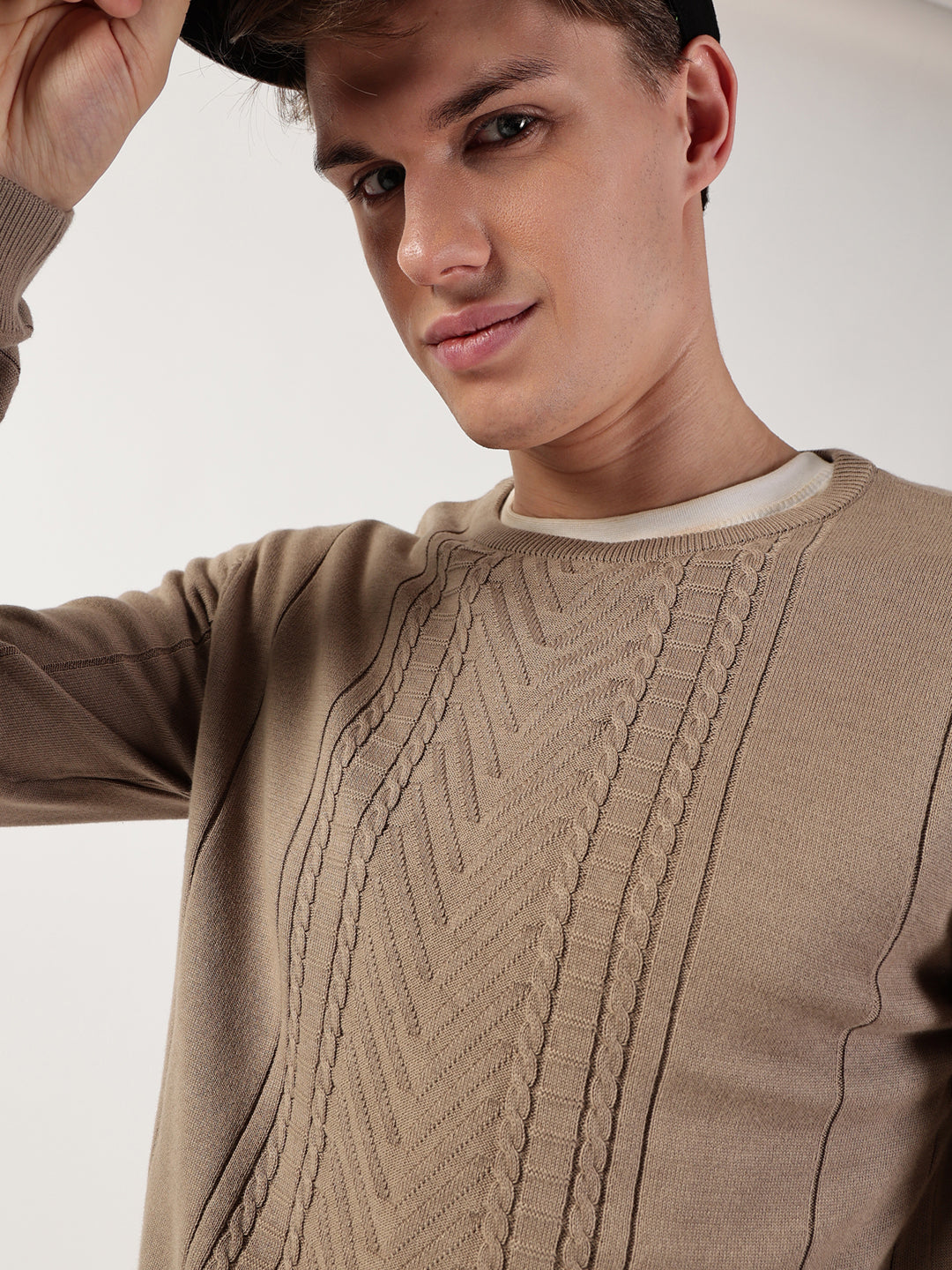 Thomas Scott Men Cable Knit Round Neck Cotton Pullover Ribbed Sweater