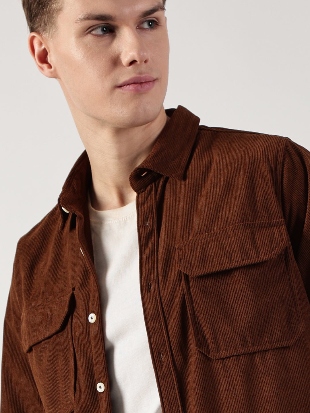 Brown Premium Slim Fit Opaque Corduroy Casual Shirt