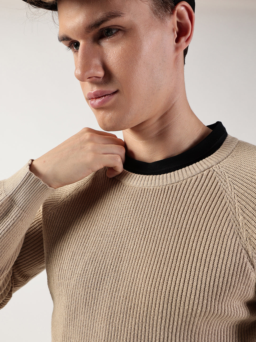 Thomas Scott Men Ribbed Self Design Round Neck Cotton Pullover Ribbed Sweater