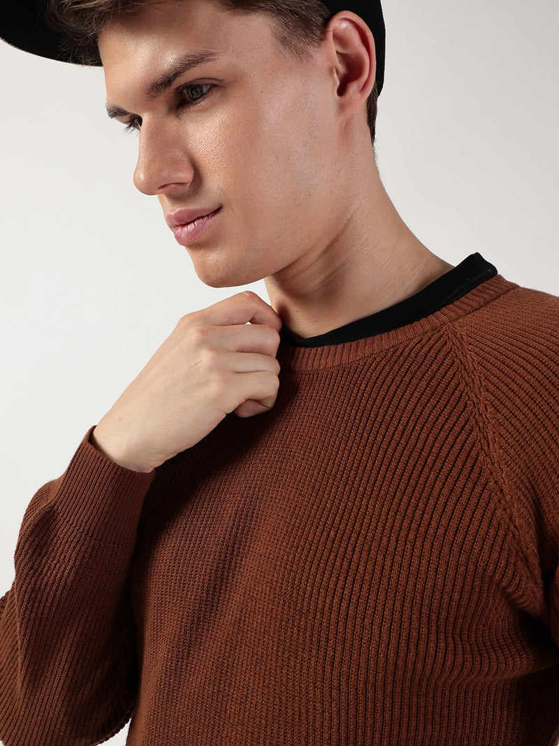 Thomas Scott Men Ribbed Self Design Round Neck Cotton Pullover Ribbed Sweater