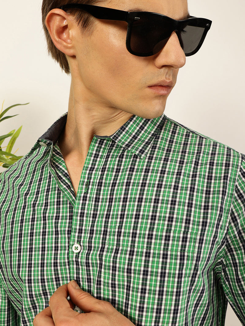 Thomas Scott Men Smart Spread Collar Micro Checked Cotton Slim Fit Casual Shirt