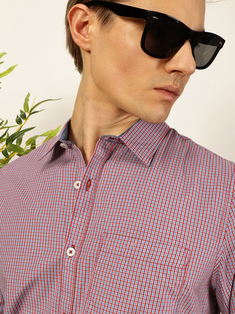 Thomas Scott Men Smart Spread Collar Micro Checked Cotton Slim Fit Casual Shirt