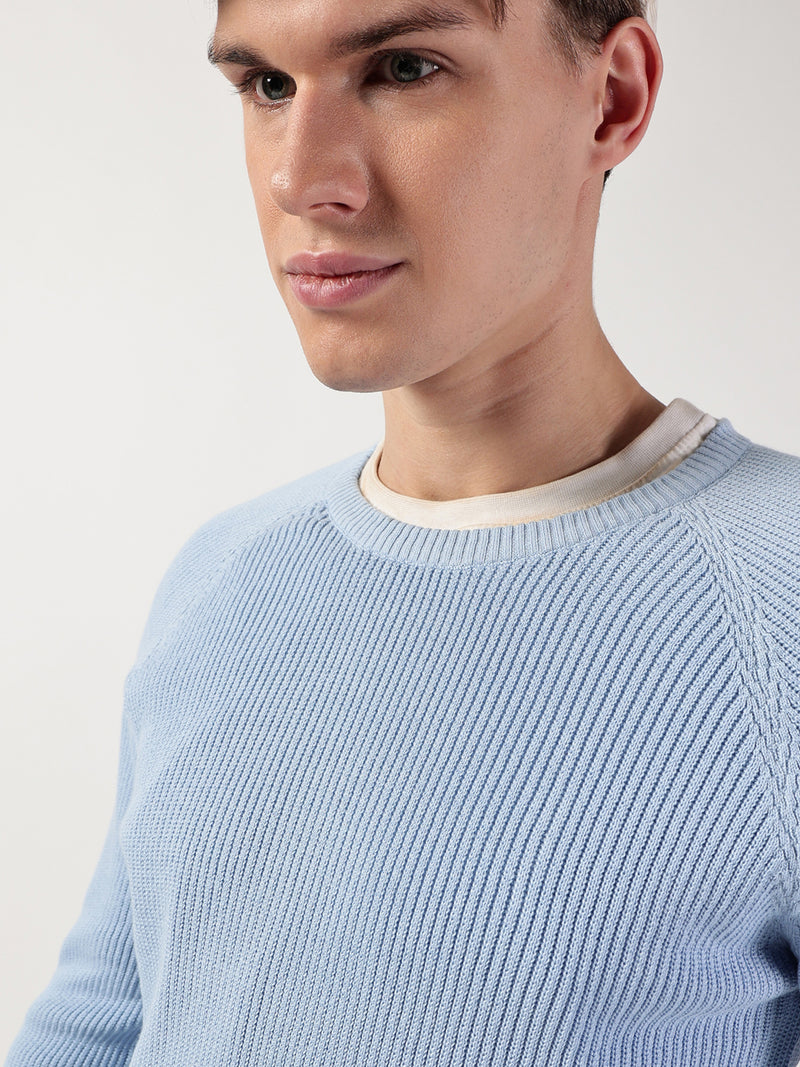 Thomas Scott Men Ribbed Self Design Round Neck Cotton Pullover Ribbed Sweater