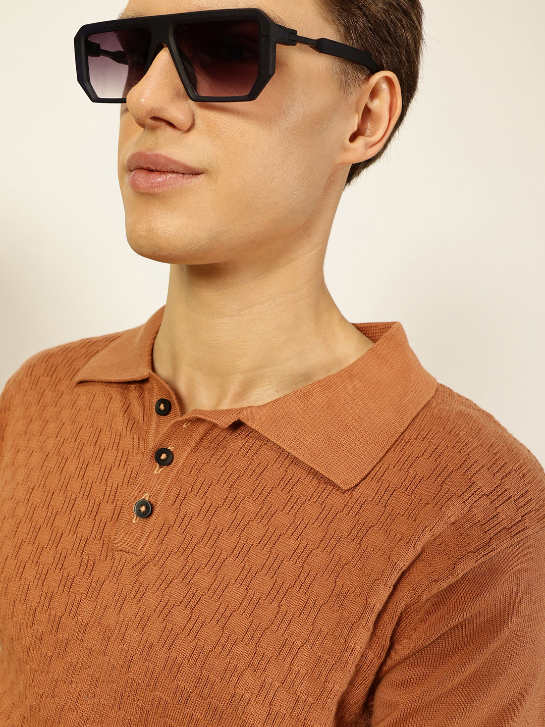 Thomas Scott Men Bio Finish Self Design Polo Collar Cotton T-shirt