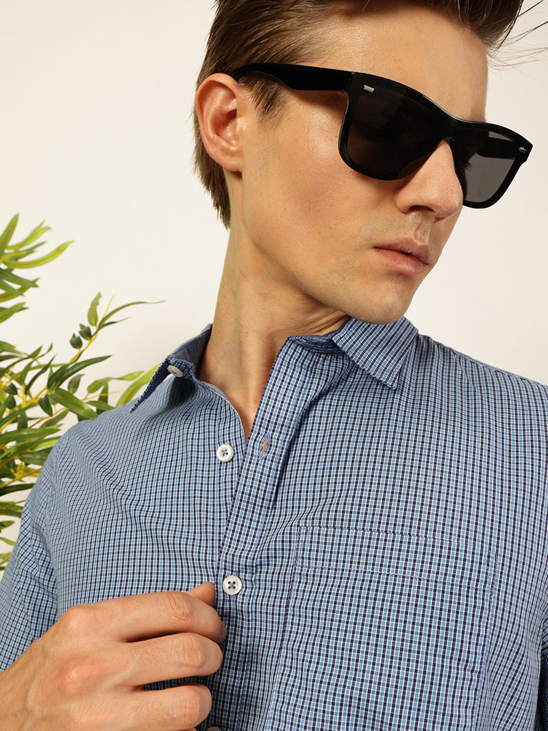 Thomas Scott Men Smart Spread Collar Micro Checked Cotton Slim Fit Casual Shirt