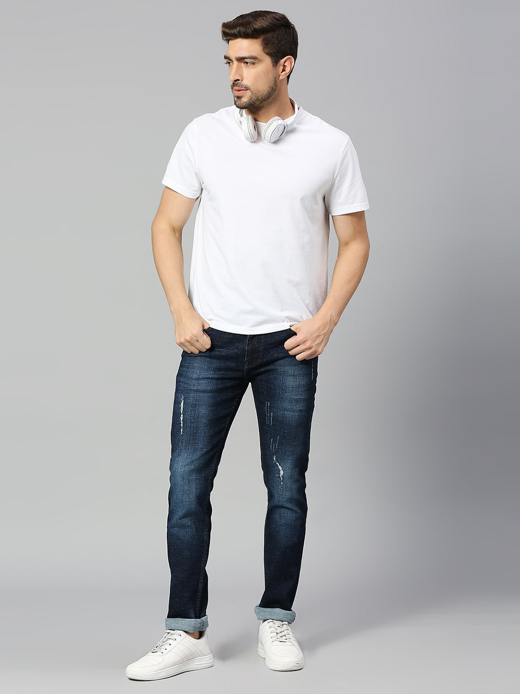 Dark Blue  Navy Blue Smart Slim Fit Low Distress Heavy Fade Stretchable Jeans