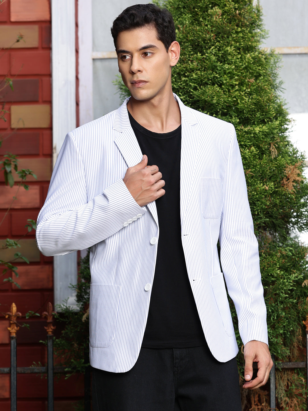 Thomas Scott Men White2 Slim Fit Striped Notched Lapel Collar Single-Breasted Blazer
