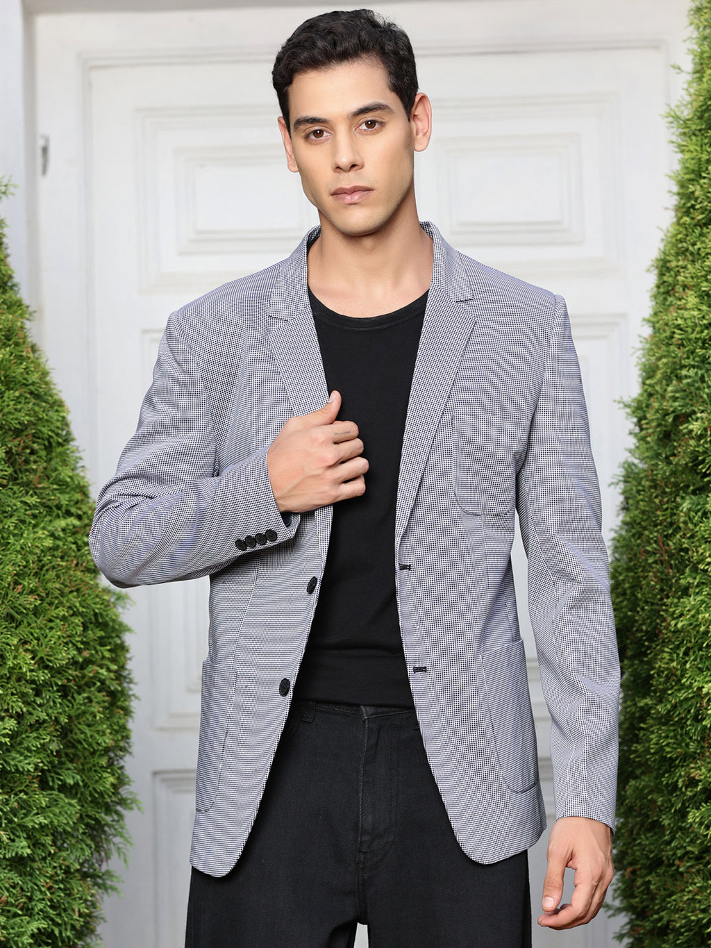 Thomas Scott Men Navy Self-Design Notched Lapel Collar Slim-Fit Casual Blazer