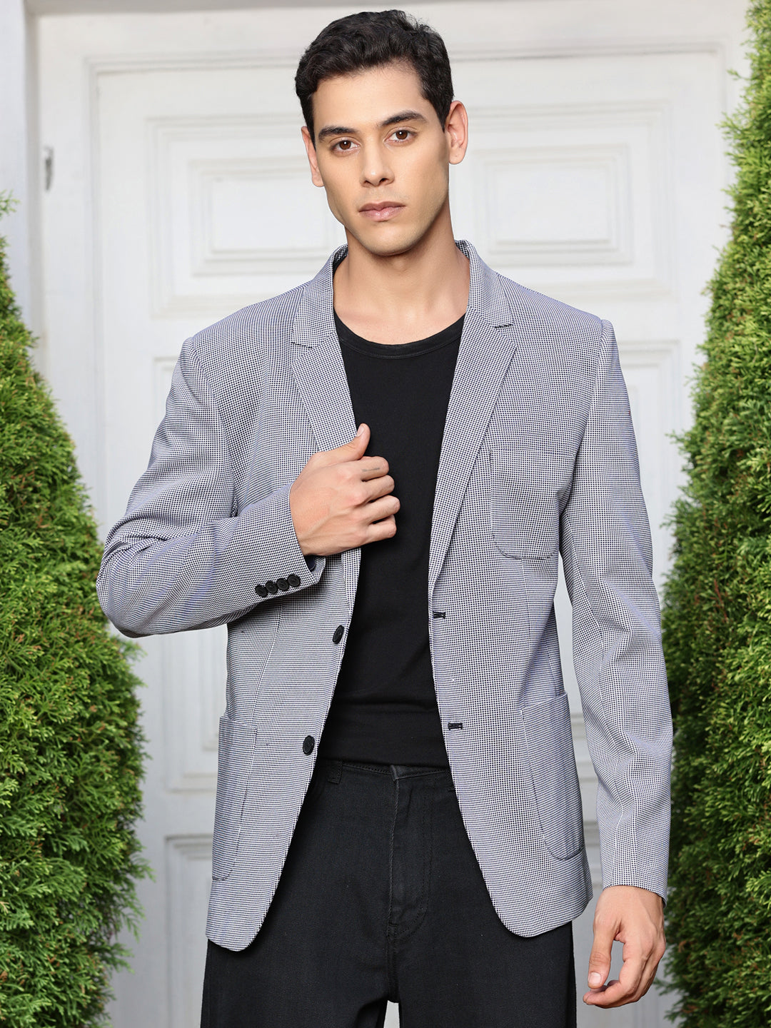 Thomas Scott Men Navy Self-Design Notched Lapel Collar Slim-Fit Casual Blazer