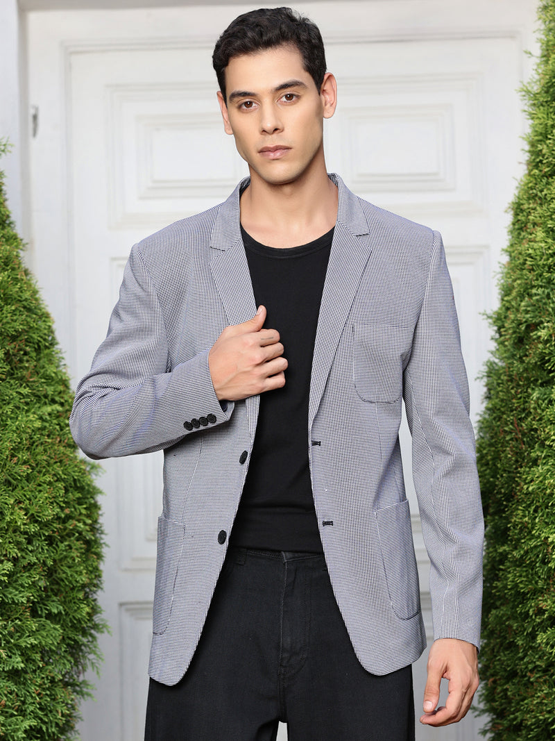 Thomas Scott Men Navy Self-Design Notched Lapel Collar Slim-Fit Casual Blazer