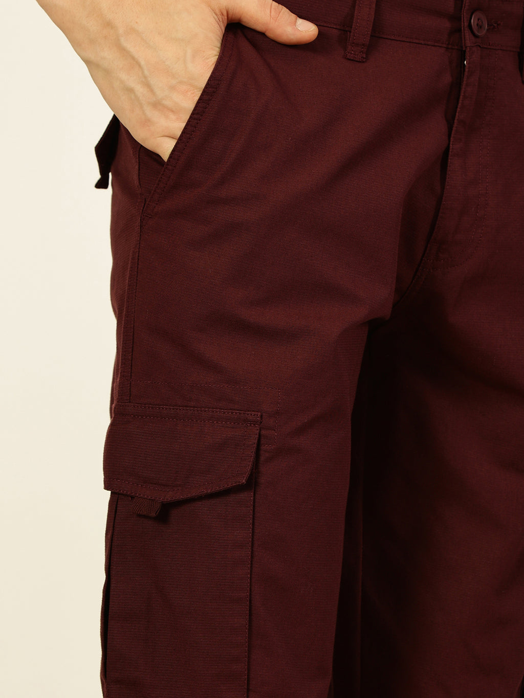 Thomas Scott Men Wine Smart Fit Mid-Rise Cargos Trousers