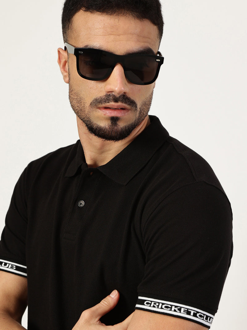 Thomas Scott Men Black Polo Collar Pockets T-shirt
