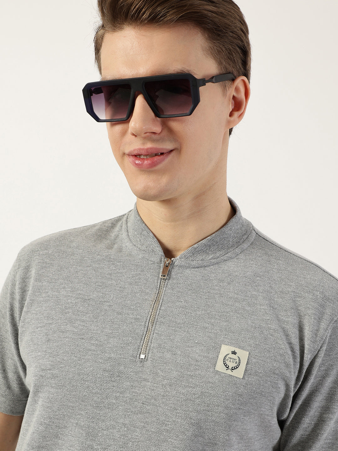 Thomas Scott Men Grey Mandarin Collar T-shirt
