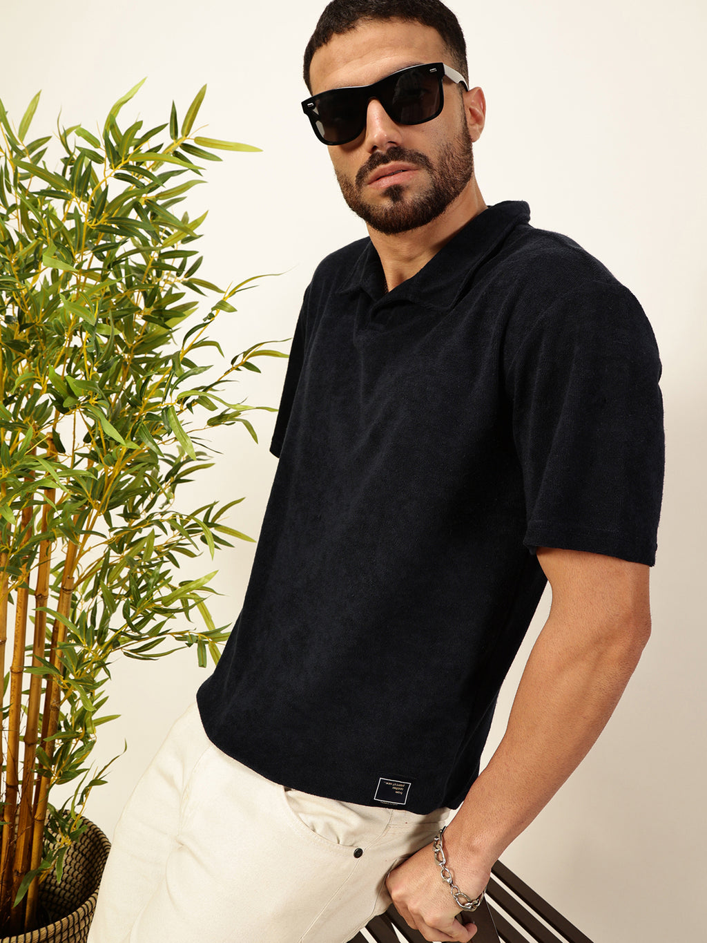 Thomas Scott Men Navy Blue Solid Polo Collar Cotton Relaxed Fit T-shirt