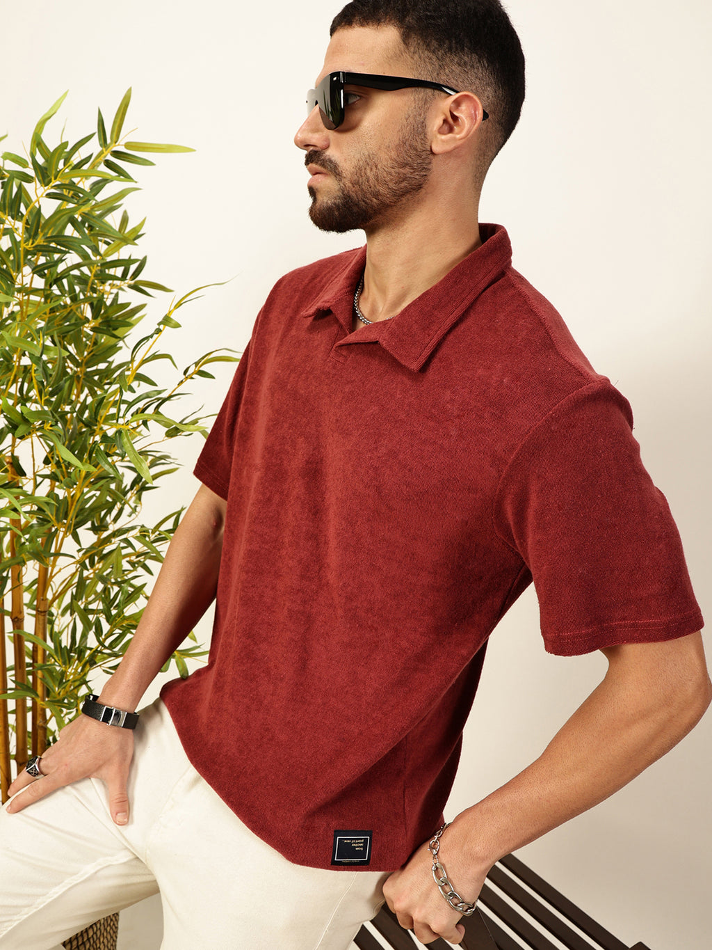 Thomas Scott Men Red Solid Polo Collar Cotton Relaxed Fit T-shirt