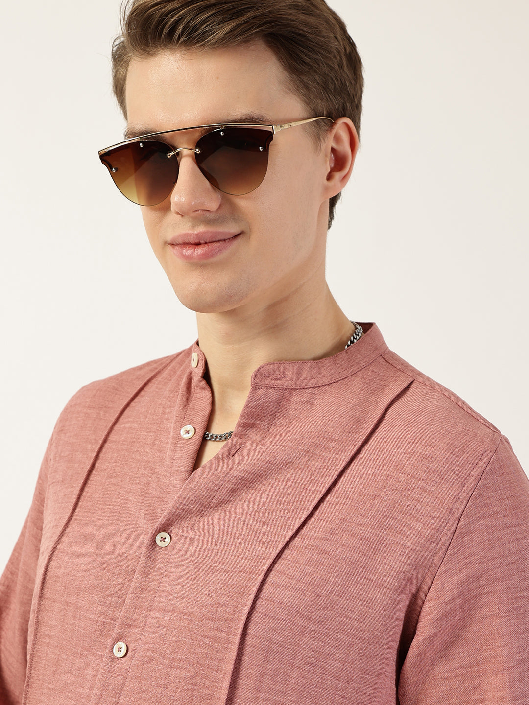 Thomas Scott Men Peach Premium Mandarin Collar Textured Solid Slim Fit Casual Shirt