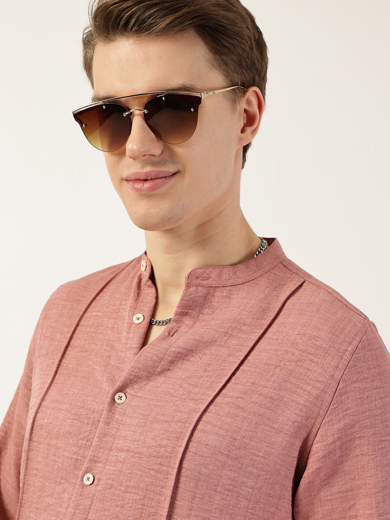 Thomas Scott Men Peach Premium Mandarin Collar Textured Solid Slim Fit Casual Shirt
