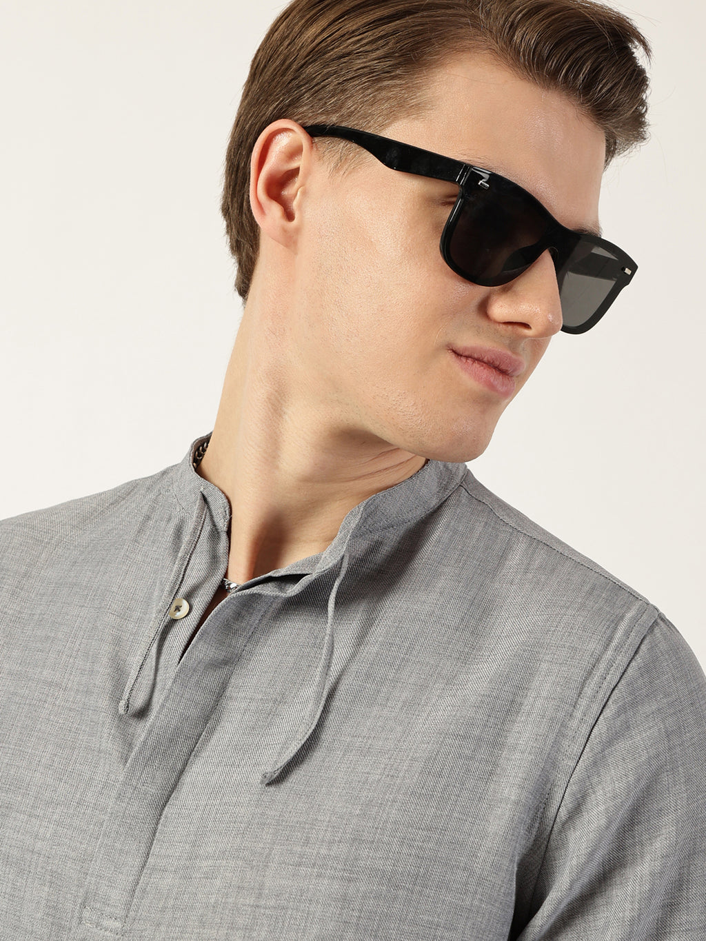 Thomas Scott Men Grey Classic Mandarin Collar Solid Slim Fit Casual Shirt