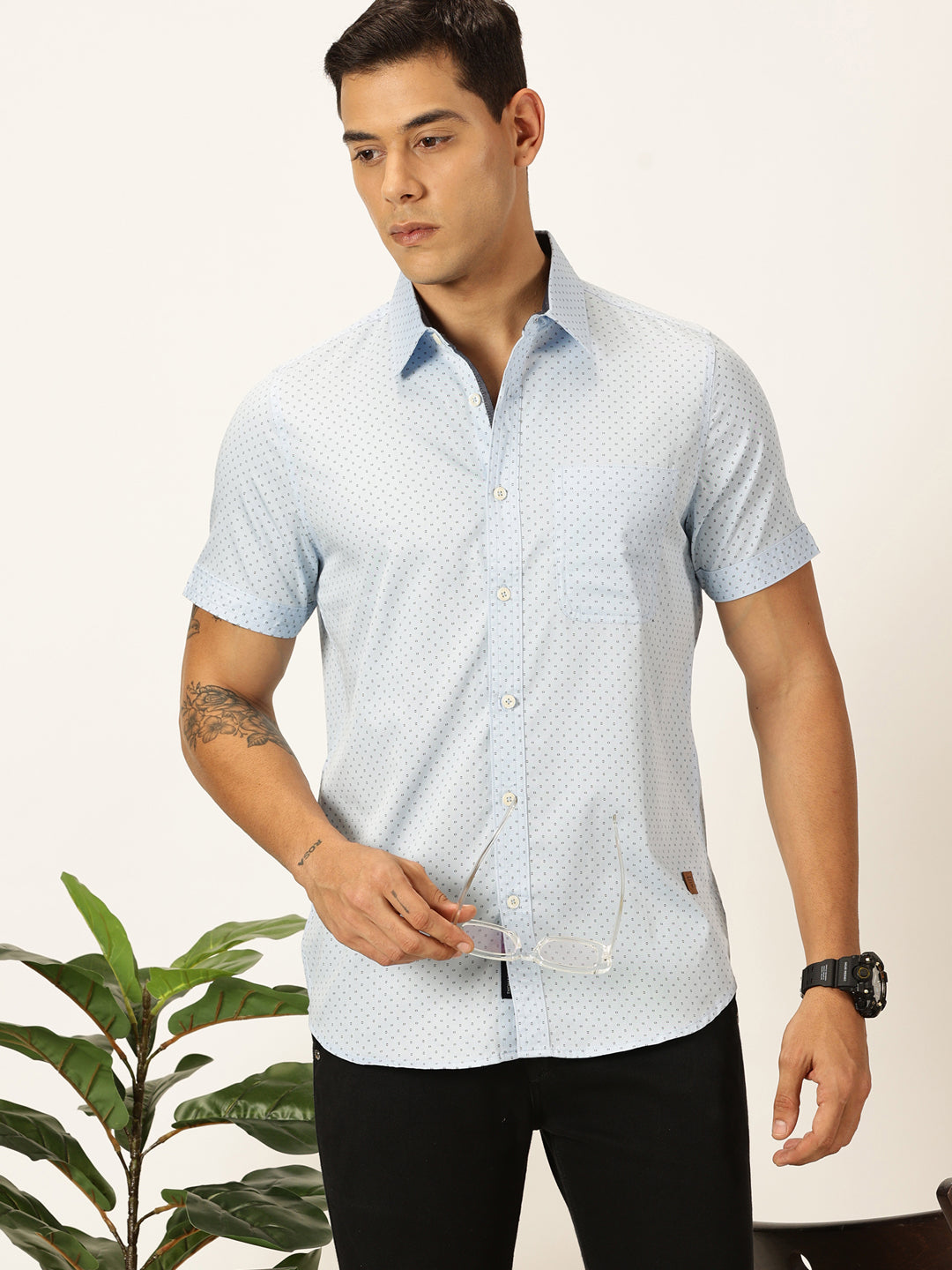 Thomas Scott Men Sky Blue Premium Gingham Checks Opaque Checked Casual Shirt
