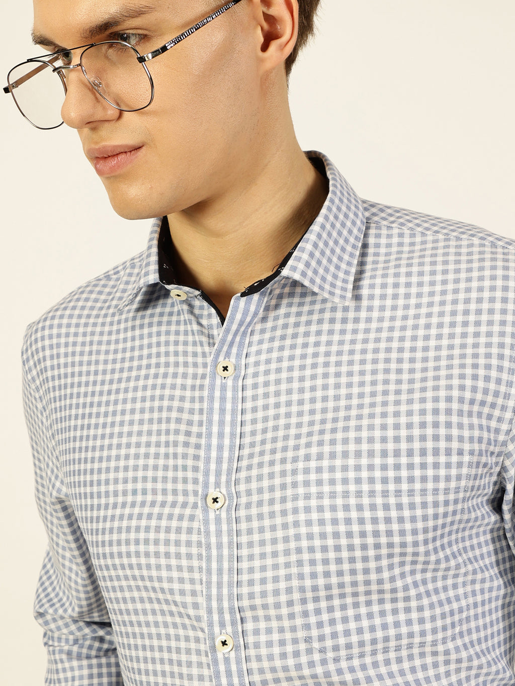 Thomas Scott Men Blue Premium Slim Fit Micro Checks Opaque Checked Formal Shirt