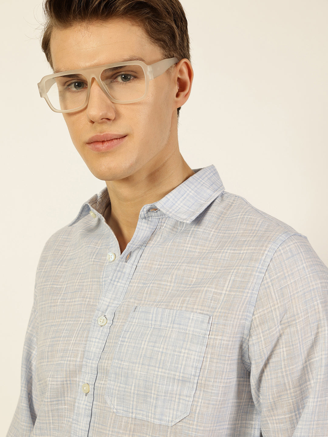 Thomas Scott Men Sky Blue Checked Linen Slim Fit Casual Shirt