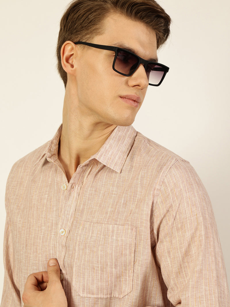 Thomas Scott Men Fawn Premium Spread Collar Solid Linen Slim Fit Casual Shirt