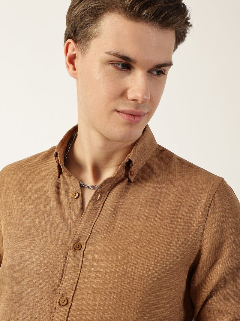 Thomas Scott Men Beige Classic Button-Down Collar Solid Slim Fit Casual Shirt