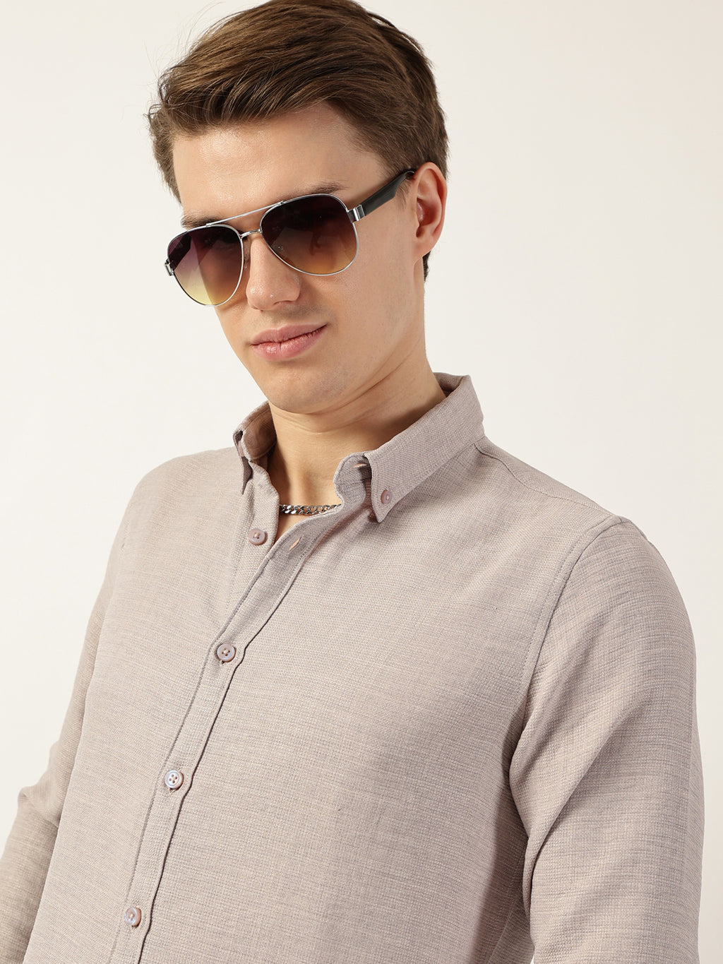 Thomas Scott Men Light Grey Classic Button-Down Collar Solid Slim Fit Casual Shirt