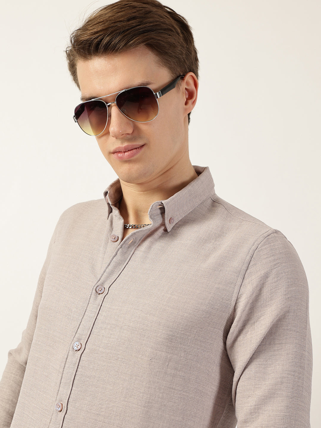 Thomas Scott Men Light Grey Classic Button-Down Collar Solid Slim Fit Casual Shirt