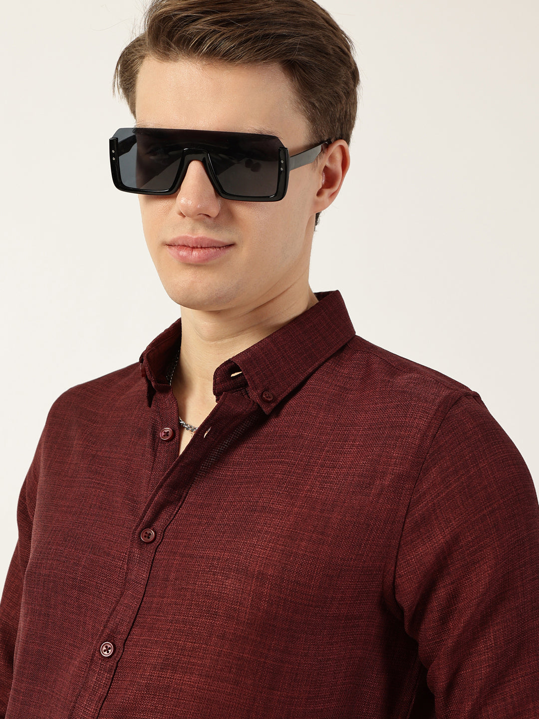 Thomas Scott Men Wine Classic Button-Down Collar Solid Slim Fit Casual Shirt