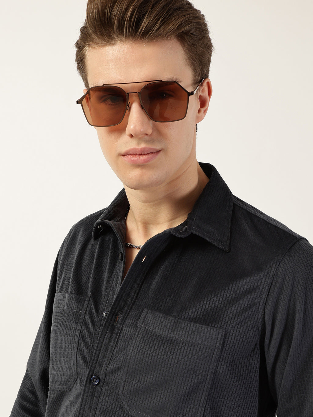Thomas Scott Men Dark Grey Classic Spread Collar Textured Slim Fit Casual Shirt