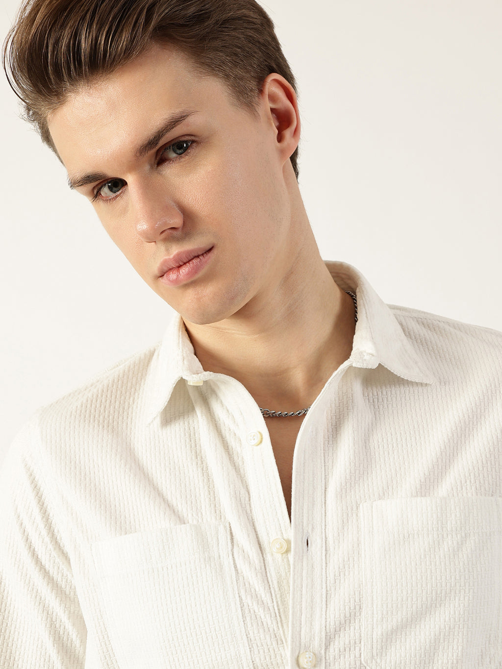 Thomas Scott Men White Classic Spread Collar Textured Slim Fit Casual Shirt