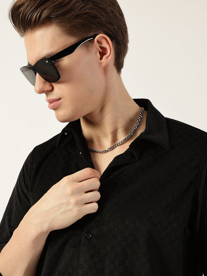 Thomas Scott Men Black Classic Spread Collar Textured Solid Slim Fit Casual Shirt