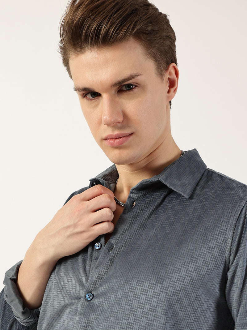 Thomas Scott Men Grey Classic Spread Collar Textured Solid Slim Fit Casual Shirt