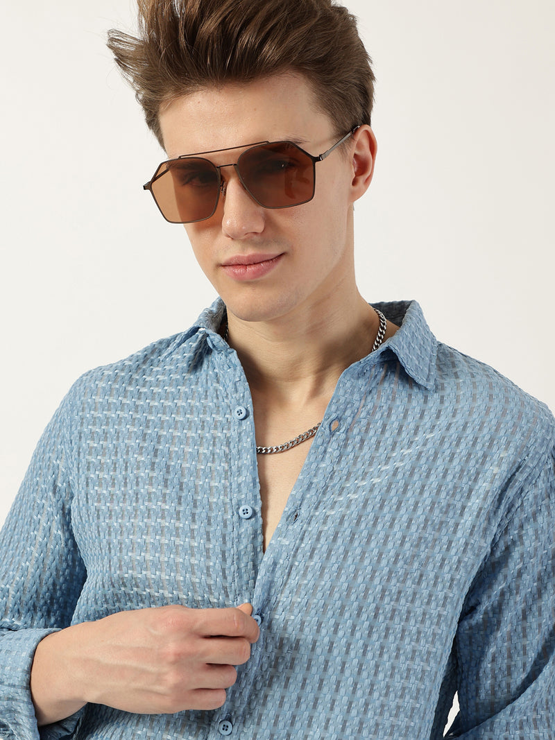 Thomas Scott Men Blue Premium Spread Collar Textured Solid Slim Fit Casual Shirt