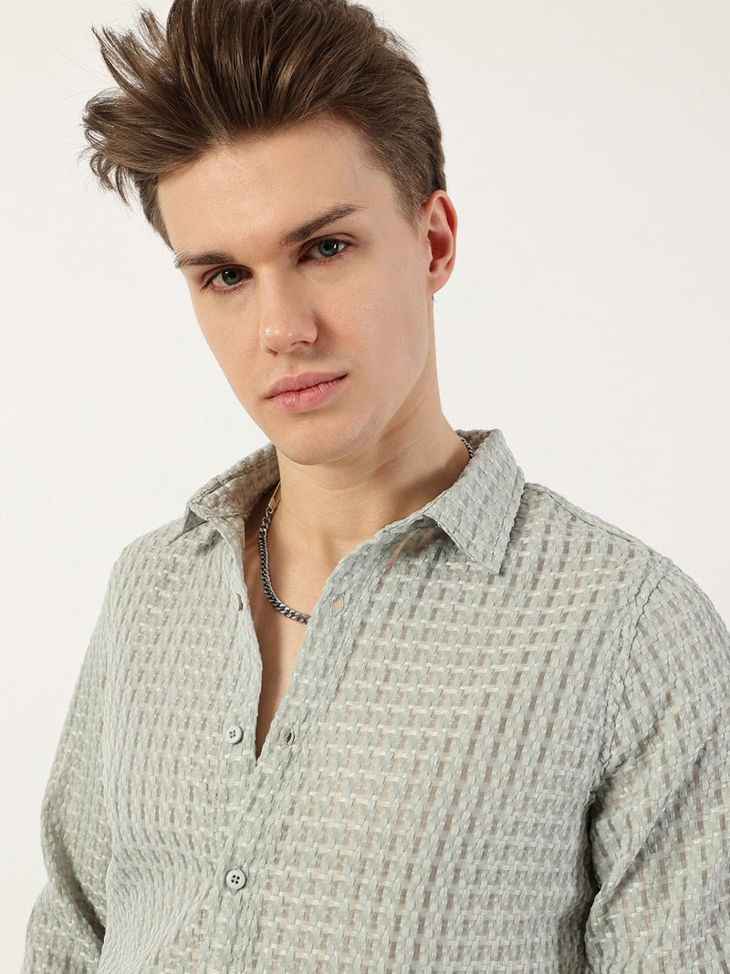 Thomas Scott Men Green Premium Spread Collar Textured Solid Slim Fit Casual Shirt