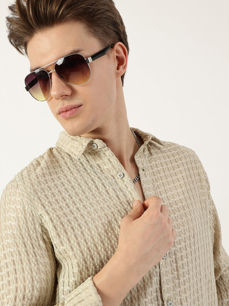 Thomas Scott Men Light Green Premium Spread Collar Textured Solid Slim Fit Casual Shirt