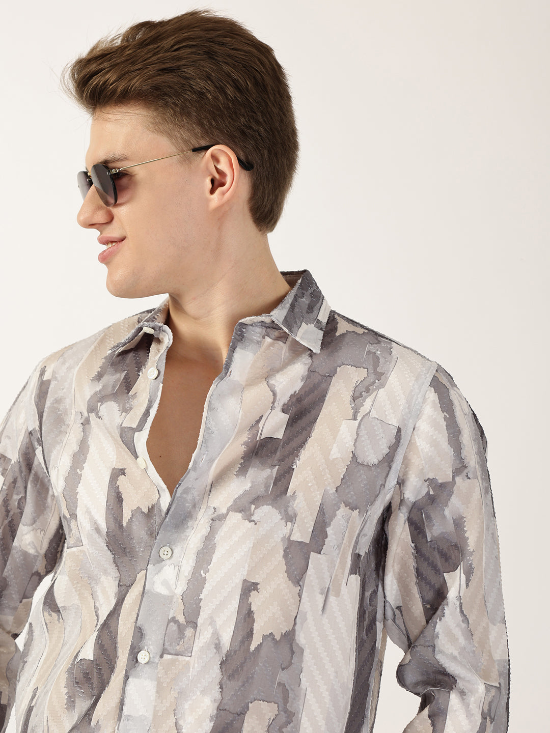 Thomas Scott Men Grey Premium Slim Fit Opaque Printed Casual Shirt