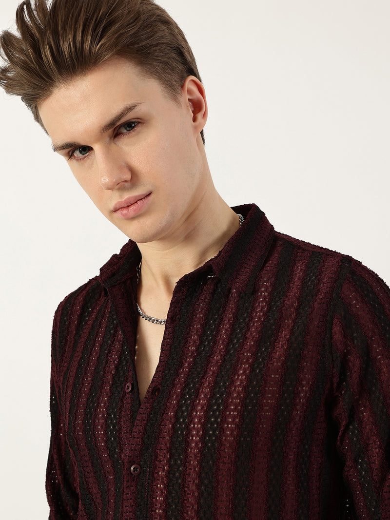 Thomas Scott Men Wine Premium Spread Collar Textured Solid Slim Fit Casual Shirt