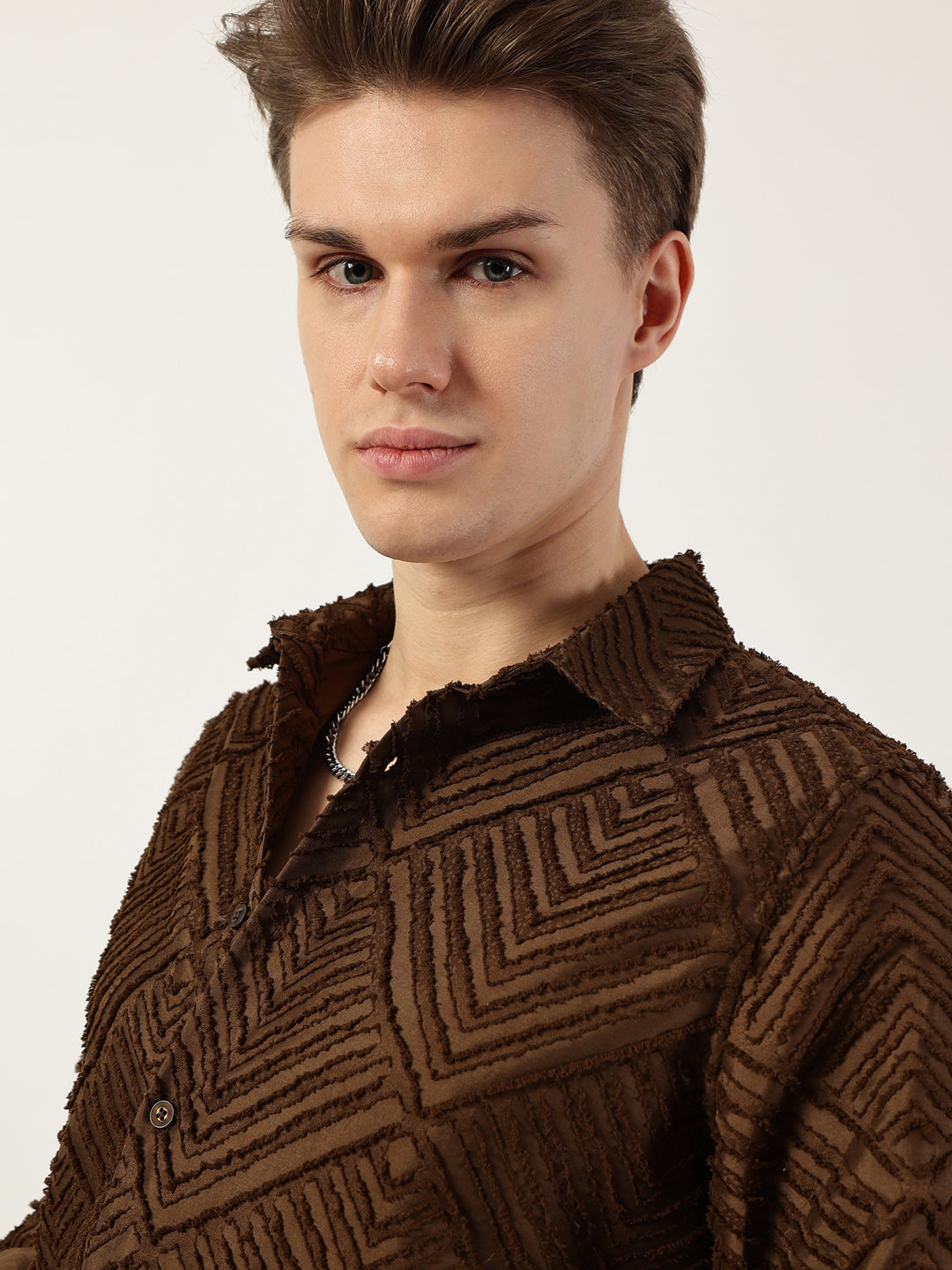 Thomas Scott Men Brown Premium Spread Collar Textured Solid Slim Fit Casual Shirt