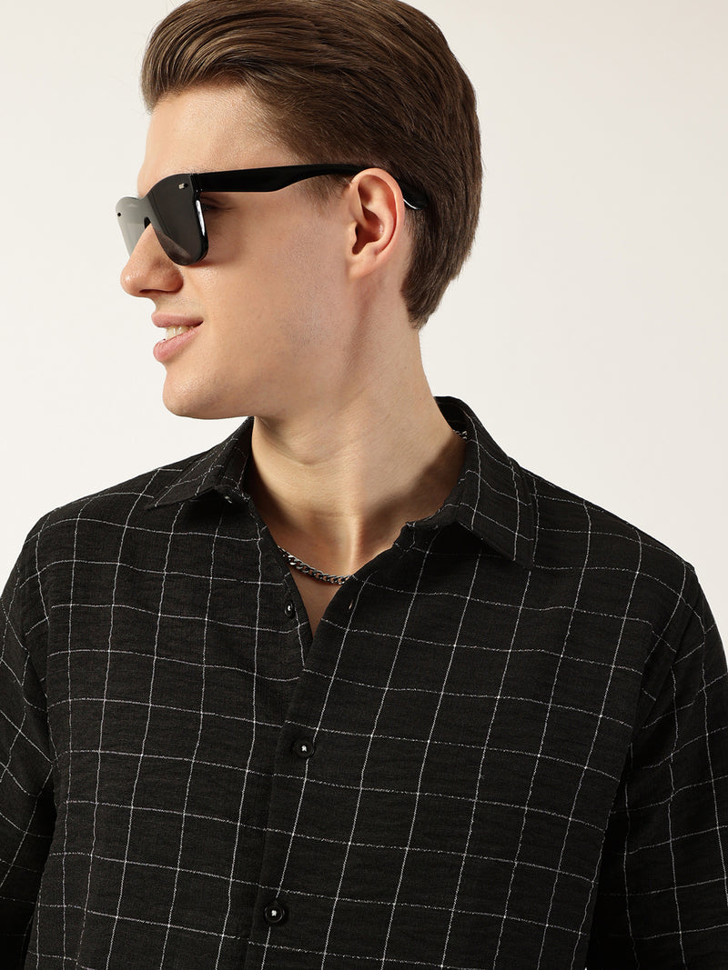 Thomas Scott Men Black Smart Spread Collar Windowpane Checked Slim Fit Casual Shirt