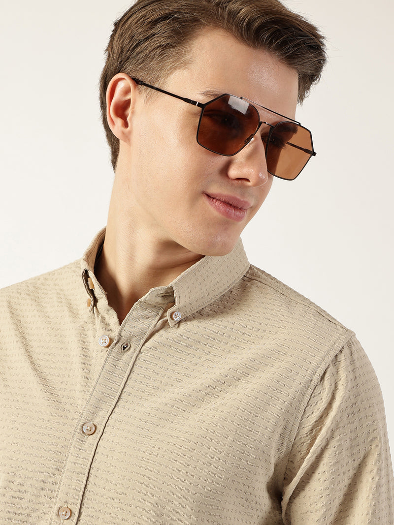 Thomas Scott Men Beige Smart Button-Down Collar Textured Solid Slim Fit Casual Shirt