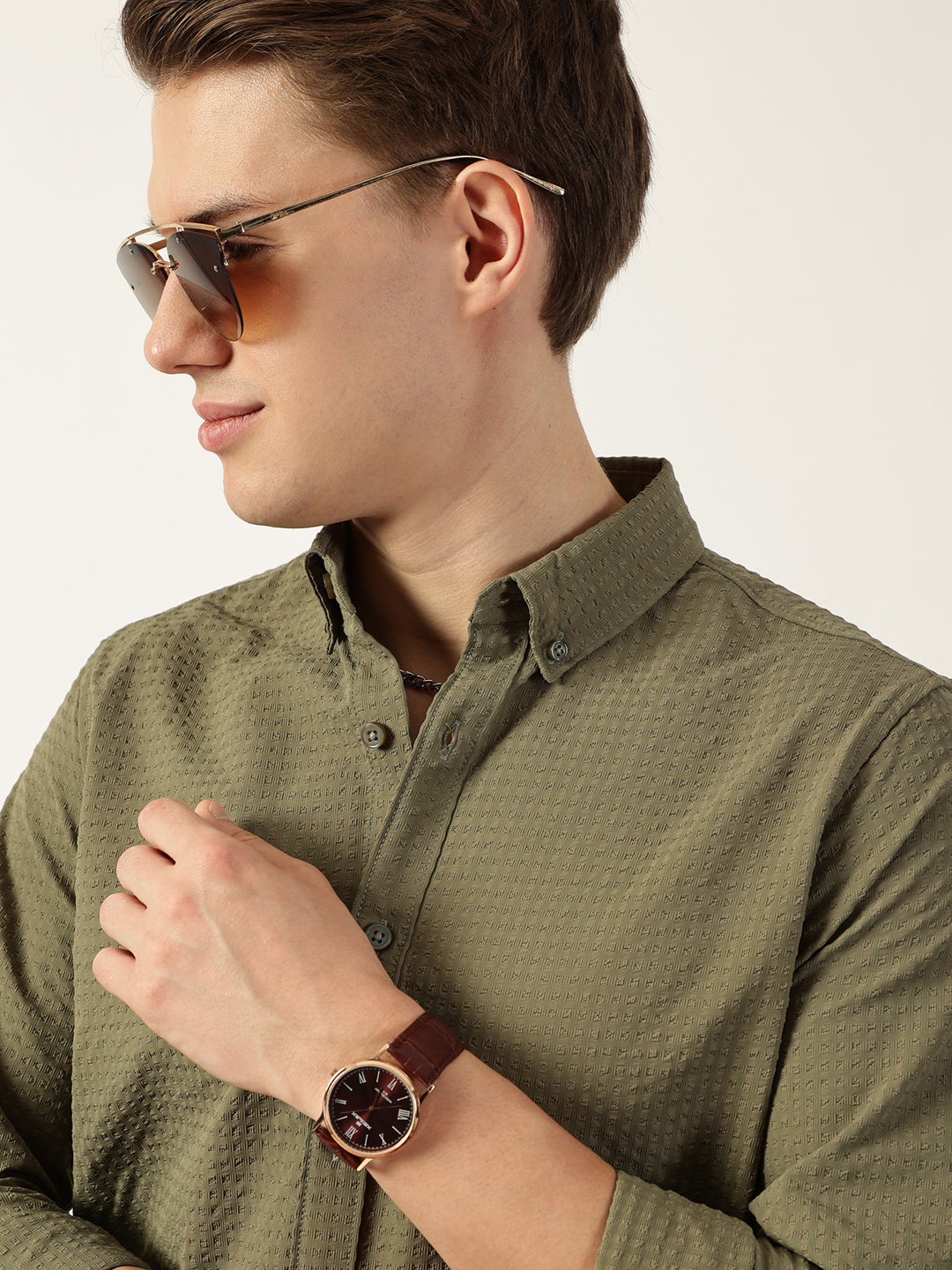 Thomas Scott Men Green Smart Button-Down Collar Textured Slim Fit Casual Shirt