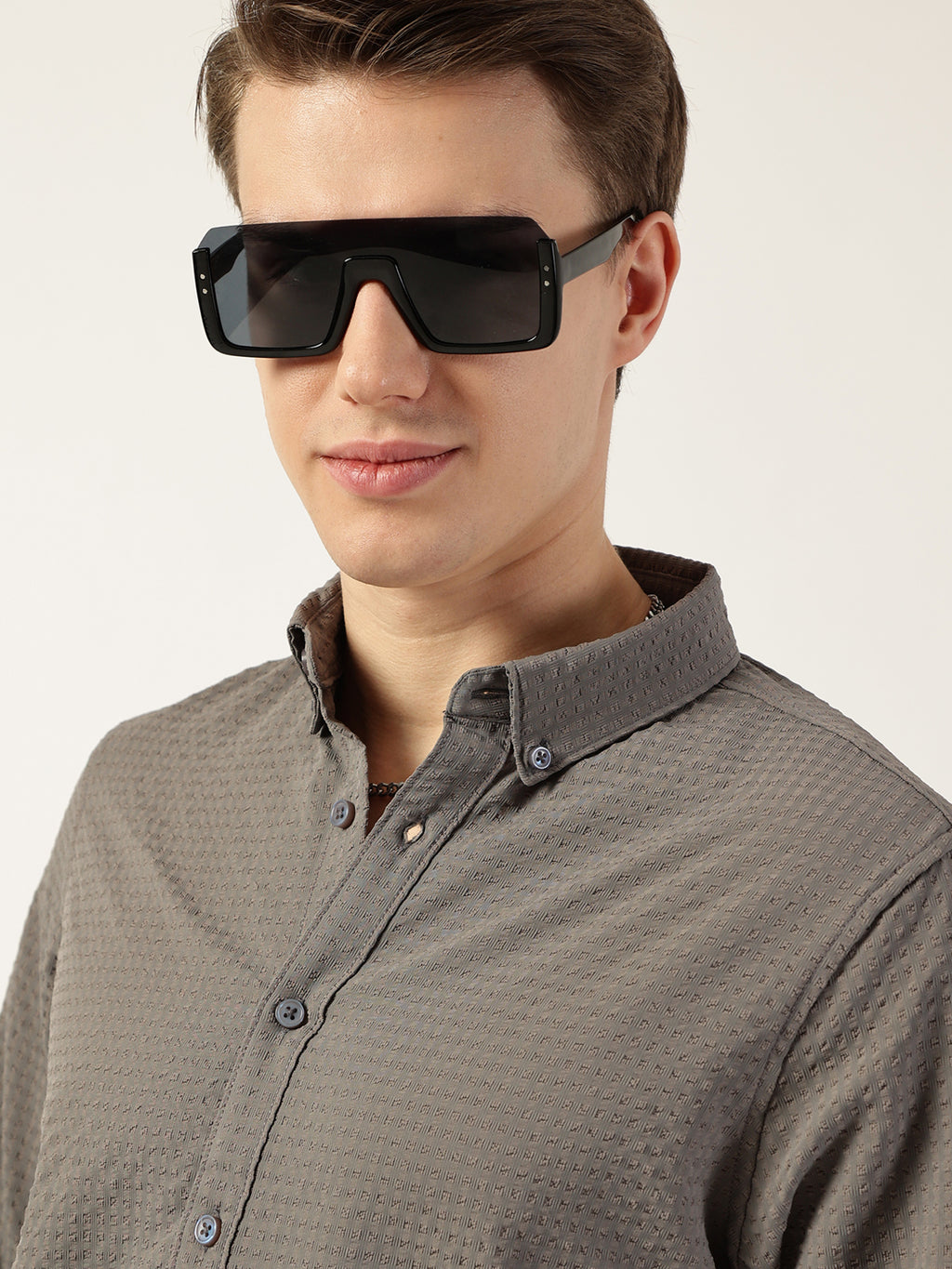 Thomas Scott Men Grey Smart Button-Down Collar Textured Slim Fit Casual Shirt