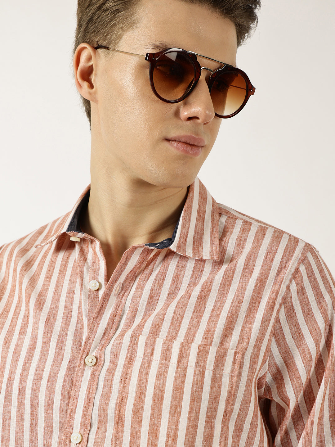 Thomas Scott Men Rust Classic Slim Fit Opaque Striped Casual Shirt