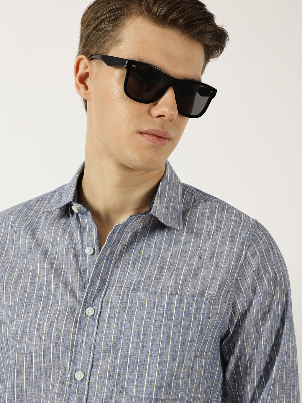Thomas Scott Men Navy Classic Slim Fit Opaque Striped Casual Shirt